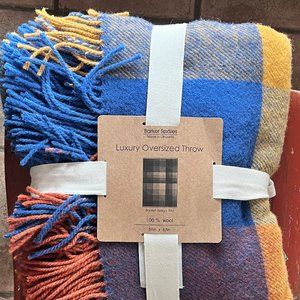 New BARKER TEXTILES 100% Plaid Wool Oversized Throw, Blanket 51" x 67”